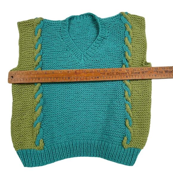 Hand Knit Handmade Pullover Sweater Vest Women's M Colorblock Blue Green NEW - Picture 8 of 11